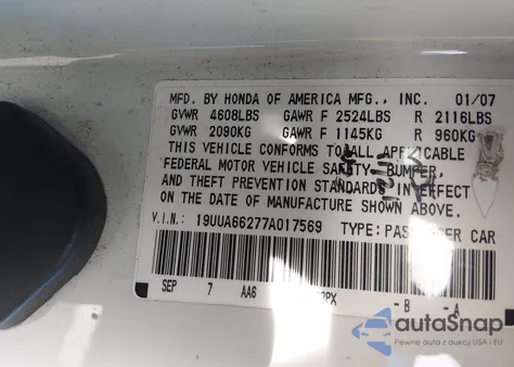 2007 Acura Tl 3.2 из США, поврежденный, VIN 19UUA66277A017569